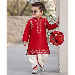 Babyhug Woven Full Sleeves Floral Embroidered Kurta Dhoti Set - Red