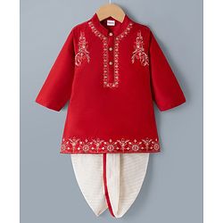 Babyhug Woven Full Sleeves Floral Embroidered Kurta Dhoti Set - Red