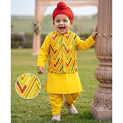 Babyhug Woven Full Sleeves Solid Dhoti Kurta Set With Mirror Embroidered Jacket - Yellow