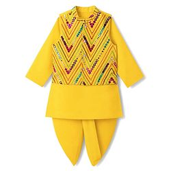 Babyhug Woven Full Sleeves Solid Dhoti Kurta Set With Mirror Embroidered Jacket - Yellow