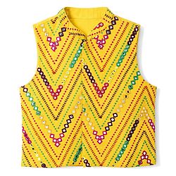 Babyhug Woven Full Sleeves Solid Dhoti Kurta Set With Mirror Embroidered Jacket - Yellow