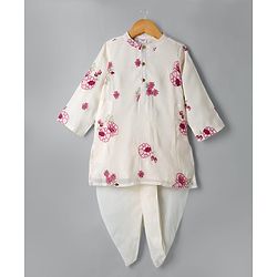 Babyhug Chanderi Woven Full Sleeves Floral Embroidered Dhoti Kurta Set - Off White
