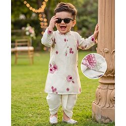 Babyhug Chanderi Woven Full Sleeves Floral Embroidered Dhoti Kurta Set - Off White