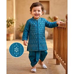 Babyhug Woven Full Sleeves Floral Sequinned Kurta & Dhoti Set - Teal Blue