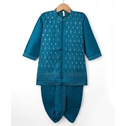 Babyhug Woven Full Sleeves Floral Sequinned Kurta & Dhoti Set - Teal Blue