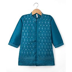 Babyhug Woven Full Sleeves Floral Sequinned Kurta & Dhoti Set - Teal Blue