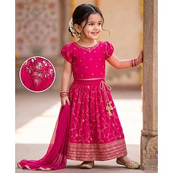 Babyhug Georgette Woven Half Sleeves Embroidered Choli Lehenga Set with Dupatta - Hot Pink