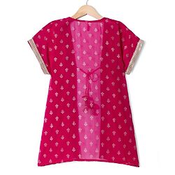 Babyhug Georgette Woven Half Sleeves Embroidered Dress With Floral Printed Jacket - Peach & Pink