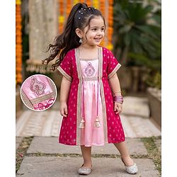 Babyhug Georgette Woven Half Sleeves Embroidered Dress With Floral Printed Jacket - Peach & Pink
