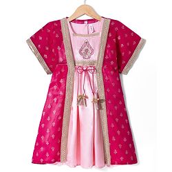 Babyhug Georgette Woven Half Sleeves Embroidered Dress With Floral Printed Jacket - Peach & Pink