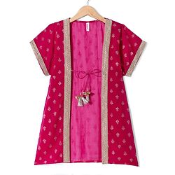 Babyhug Georgette Woven Half Sleeves Embroidered Dress With Floral Printed Jacket - Peach & Pink