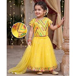 Babyhug Net Woven Half Sleeves Embroidered Lehenga With Mirror Embroidered Choli and Dupatta Set- Yellow