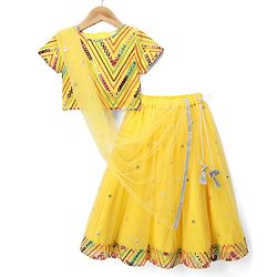 Babyhug Net Woven Half Sleeves Embroidered Lehenga With Mirror Embroidered Choli and Dupatta Set- Yellow