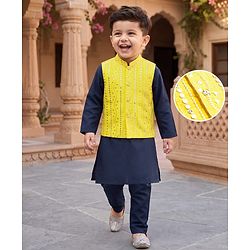 Babyhug Woven Full Sleeves Solid Colour Kurta Pajama Set with Sequinned & Embroidered Nehru Jacket - Navy Blue & Yellow