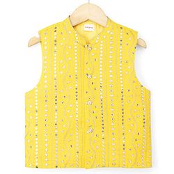 Babyhug Woven Full Sleeves Solid Colour Kurta Pajama Set with Sequinned & Embroidered Nehru Jacket - Navy Blue & Yellow