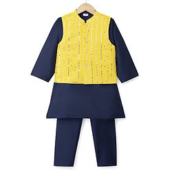 Babyhug Woven Full Sleeves Solid Colour Kurta Pajama Set with Sequinned & Embroidered Nehru Jacket - Navy Blue & Yellow