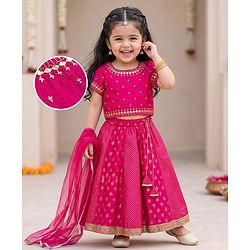 Babyhug Chanderi Woven Half Sleeves Kolka Printed & Embroidered Choli Lehenga  & Dupatta Set -Fuchsia