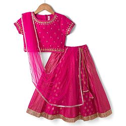 Babyhug Chanderi Woven Half Sleeves Kolka Printed & Embroidered Choli Lehenga  & Dupatta Set -Fuchsia