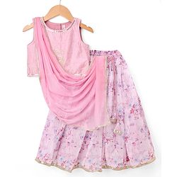 Babyhug Chanderi Woven Sleeveless Lehenga Choli and Dupatta Set With Sequin Detailing & Floral Print & Embroidery - Pink