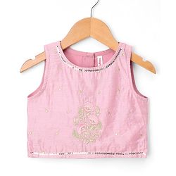 Babyhug Chanderi Woven Sleeveless Lehenga Choli and Dupatta Set With Sequin Detailing & Floral Print & Embroidery - Pink