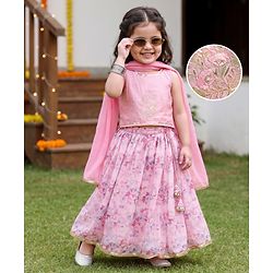 Babyhug Chanderi Woven Sleeveless Lehenga Choli and Dupatta Set With Sequin Detailing & Floral Print & Embroidery - Pink