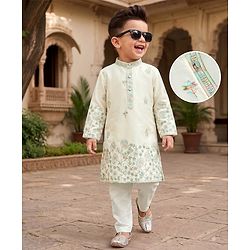 Babyhug Woven Full Sleeves Kurta Pajama Set with Floral Embroidery - Off White