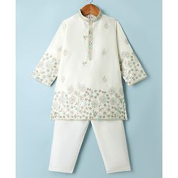 Babyhug Woven Full Sleeves Kurta Pajama Set with Floral Embroidery - Off White