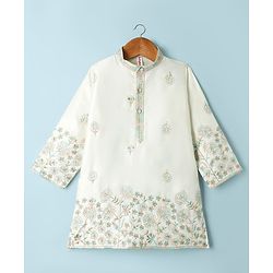 Babyhug Woven Full Sleeves Kurta Pajama Set with Floral Embroidery - Off White