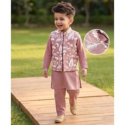Babyhug Woven Solid Kurta Pyjama Set With Floral Embroidered Jacket - Light Pink