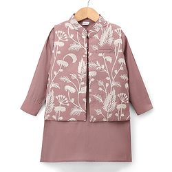 Babyhug Woven Solid Kurta Pyjama Set With Floral Embroidered Jacket - Light Pink