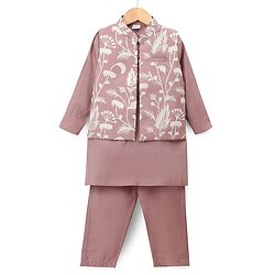 Babyhug Woven Solid Kurta Pyjama Set With Floral Embroidered Jacket - Light Pink