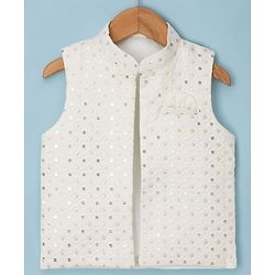 Babyhug Woven Full Sleeves Solid Kurta & Pyjama Set With Sequinned Embroidered Jacket - White