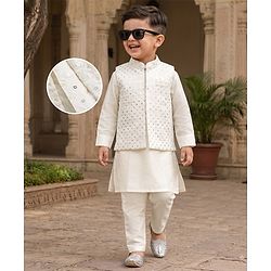 Babyhug Woven Full Sleeves Solid Kurta & Pyjama Set With Sequinned Embroidered Jacket - White