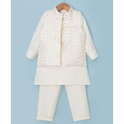 Babyhug Woven Full Sleeves Solid Kurta & Pyjama Set With Sequinned Embroidered Jacket - White