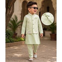 Babyhug Woven Full Sleeves Solid Kurta & Pyjama Set With Floral Embroidered Jacket - Light Green