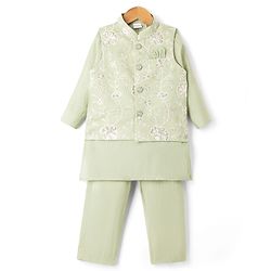 Babyhug Woven Full Sleeves Solid Kurta & Pyjama Set With Floral Embroidered Jacket - Light Green