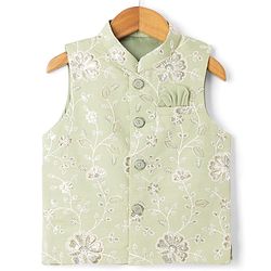 Babyhug Woven Full Sleeves Solid Kurta & Pyjama Set With Floral Embroidered Jacket - Light Green