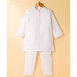 Babyhug Woven Full Sleeves Self Embroidered Solid Colour Kurta Pajama Set - White