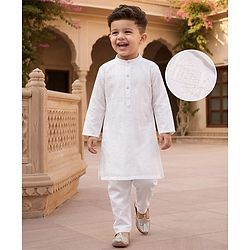 Babyhug Woven Full Sleeves Self Embroidered Solid Colour Kurta Pajama Set - White