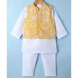 Babyhug Woven Full Sleeves SOLID Kurta & Pyjama Set With Floral Embroidered Jacket - Yellow