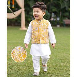 Babyhug Woven Full Sleeves SOLID Kurta & Pyjama Set With Floral Embroidered Jacket - Yellow