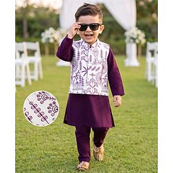 Babyhug Woven Full Sleeves Solid Kurta & Pyjama Set With Floral & Birds Embroidered Jacket - Purple