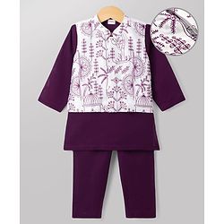 Babyhug Woven Full Sleeves Solid Kurta & Pyjama Set With Floral & Birds Embroidered Jacket - Purple