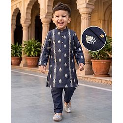 Babyhug Woven Full Sleeves Floral Embroidered Kurta Pyjama Set - Navy
