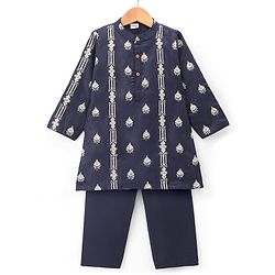 Babyhug Woven Full Sleeves Floral Embroidered Kurta Pyjama Set - Navy