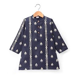 Babyhug Woven Full Sleeves Floral Embroidered Kurta Pyjama Set - Navy