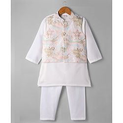 Babyhug Woven Full Sleeves Solid Kurta Pyjama Set With Floral Embroidered Jacket - White