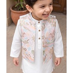 Babyhug Woven Full Sleeves Solid Kurta Pyjama Set With Floral Embroidered Jacket - White