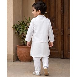 Babyhug Woven Full Sleeves Solid Kurta Pyjama Set With Floral Embroidered Jacket - White