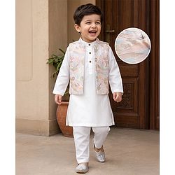 Babyhug Woven Full Sleeves Solid Kurta Pyjama Set With Floral Embroidered Jacket - White
